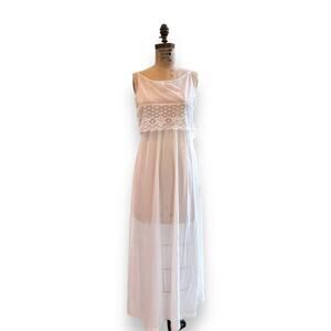 VTG Nylon White Empire Banded Eyelet Sheer Nightgown Henson Kickernick Sz S/M